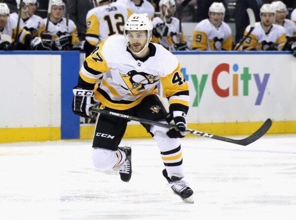 Adam Johnson (47) of the Pittsburgh Penguins skates against the New York Rangers at Madison Square Garden in New York City on March 25, 2019. (Bruce Bennett/Getty Images)