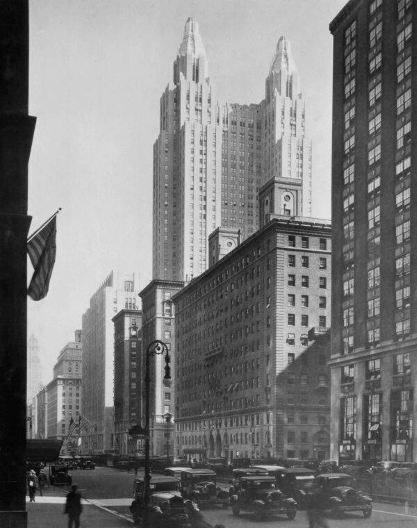 The Waldorf Astoria Towers in the distance over the other buildings on Park Avenue in New York City in the 1930s. (Lass/Archive Photos/Getty Images)