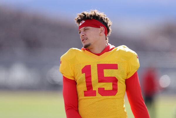 Quarterback Patrick Mahomes #15 warms up during Kansas City Chiefs practice ahead of Super Bowl LVIII at the Las Vegas Raiders Headquarters/Intermountain Healthcare Performance Center in Henderson, Nev., on Feb. 7, 2024. (Jamie Squire/Getty Images)