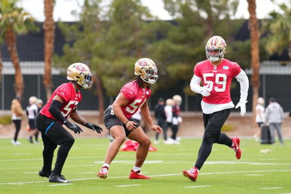 (L-R) Dre Greenlaw (57), Fred Warner (54), and Curtis Robinson (59) participate during San Francisco 49ers practice ahead of Super Bowl LVIII at Fertitta Football Complex in Las Vegas, Nevada, on Feb. 9, 2024. (Chris Unger/Getty Images)