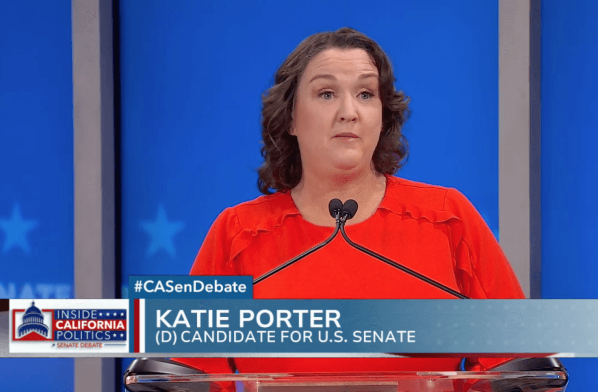 Democrat Rep. Katie Porter, Senate candidate, speaks during a debate in San Francisco on Feb. 12, 2024. (KRON4/Screenshot via The Epoch Times)