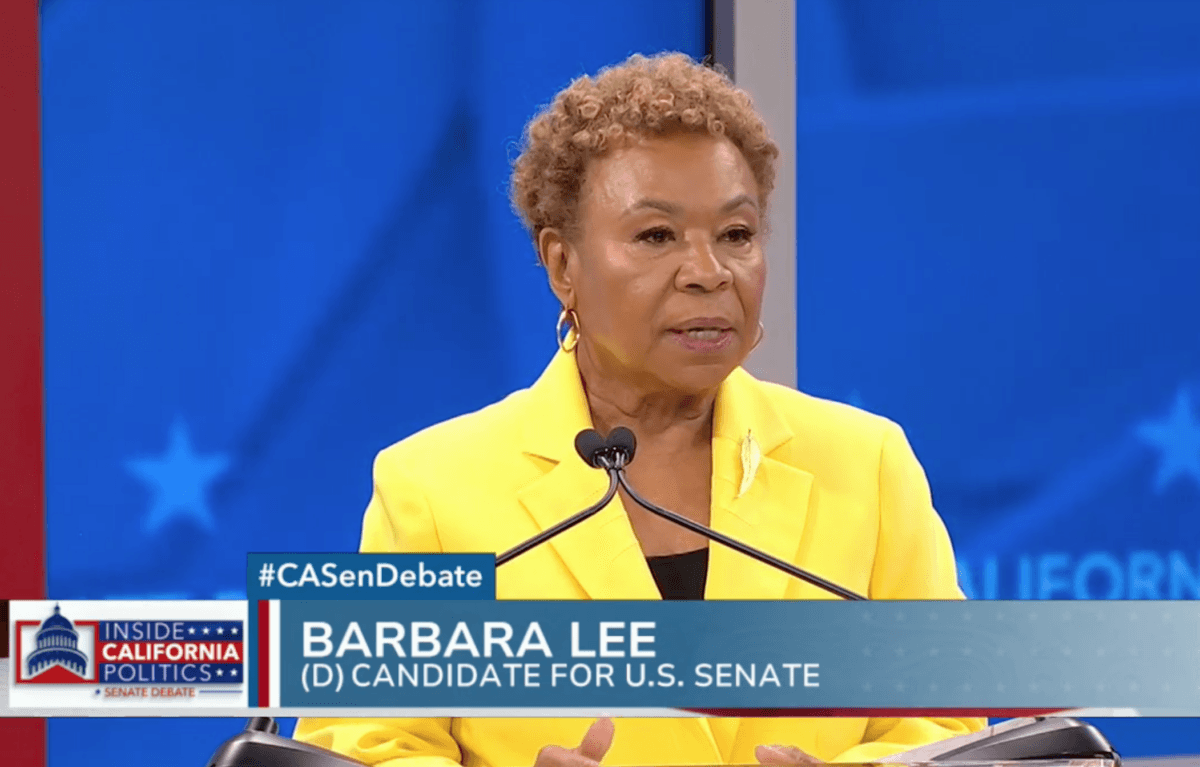 Democrat Rep. Barbara Lee, Senate candidate, speaks during a debate in San Francisco on Feb. 12, 2024. (KRON4/Screenshot via The Epoch Times)