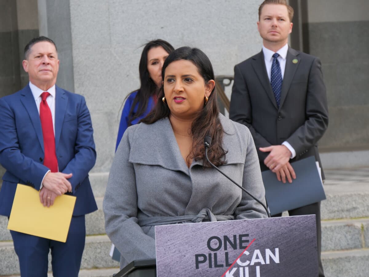 Assemblywoman Jasmeet Bains, speaking at the Capitol on Feb. 14, said the policy of increasing access to medications such as Narcan is not the answer. (Travis Gillmore/The Epoch Times)