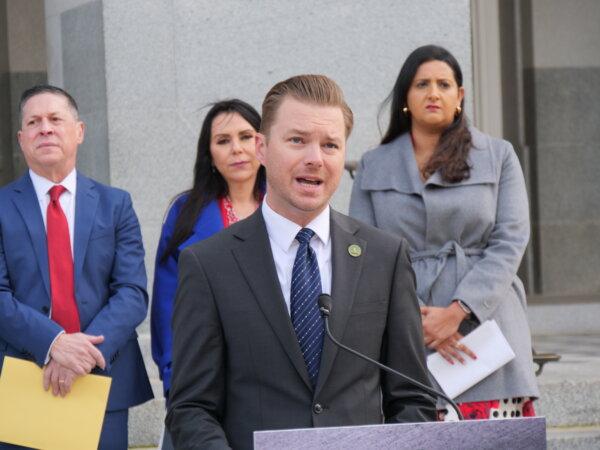 “We’re sending a strong message that we will not tolerate the continued endangerment of our communities,” Assemblyman Greg Wallis said at the Capitol on Feb. 14, 2024. (Travis Gillmore/The Epoch Times)