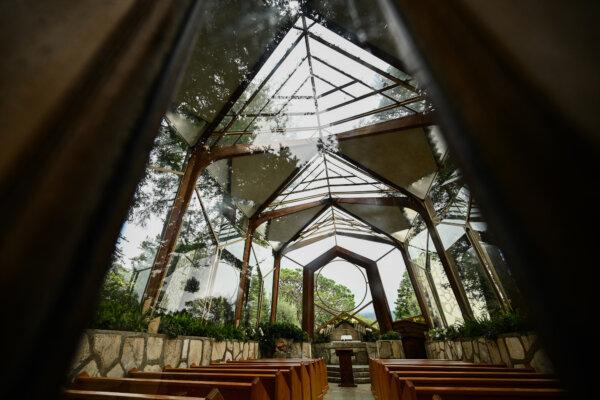 The Wayfarers Chapel in a landslide-prone area following its closure due to land movement after heavy rains in Rancho Palos Verdes, Calif., on Feb. 16, 2024. (Patrick T. Fallon/AFP via Getty Images)