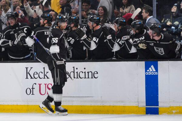 Los Angeles Kings right wing Quinton Byfield is congratulated for his goal against the Columbus Blue Jackets during the first period of an NHL hockey game in Los Angeles on Feb. 20, 2024. (Ryan Sun/AP Photo)