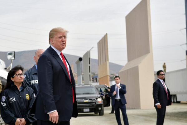 President Trump inspects border wall prototypes in San Diego on March 13, 2018. (Mandel Ngan/AFP/Getty Images)