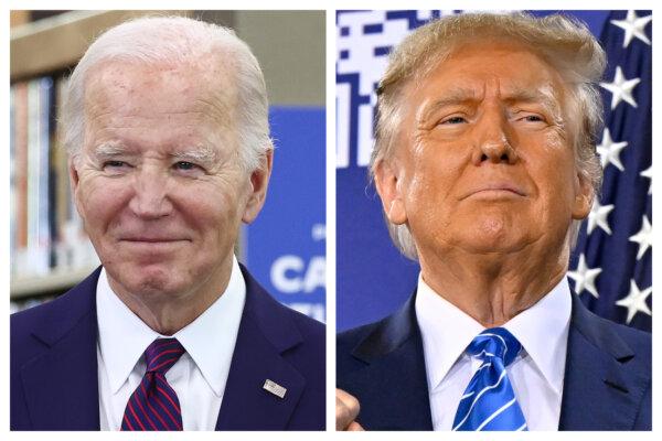 (Left) President Joe Biden delivers remarks on canceling student debt at Culver City Julian Dixon Library in Culver City, Calif., on Feb. 21, 2024. (Right) Republican presidential candidate and former President Donald Trump stands on stage during a campaign event at Big League Dreams Las Vegas in Las Vegas, Nev., on Jan. 27, 2024. (Mario Tama/Getty Images; David Becker/Getty Images)