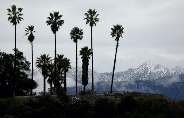 Snowfall is visible on nearby mountains as a powerful storm impacts Southern California in Los Angeles on Feb. 6, 2024. (Mario Tama/Getty Images)