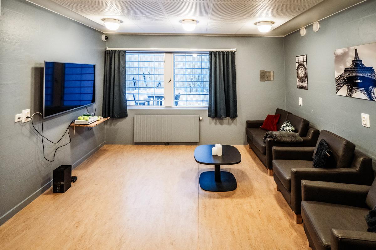 The TV room in the first of two floors of the cell where convicted mass murderer Anders Behring Breivik serves his sentence in the Ringerike prison in Tyristrand, Norway, on Dec. 14, 2023. (Ole Berg-Rusten/NTB/AFP via Getty Images)