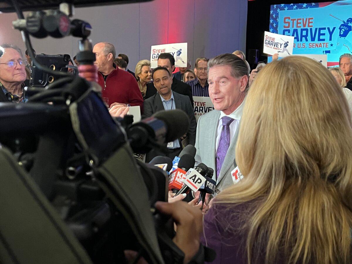 California Republican U.S. Senate candidate Steve Garvey, a former baseball all-star, speaks to reporters at a watch party in Palm Desert, Calif., on March 5, 2024. (Brad Jones/The Epoch Times)