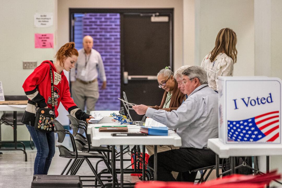 (Top) Former President Donald Trump arrives to speak at a rally in Greensboro, N.C., on March 2, 2024. (Bottom) Voters check in on Super Tuesday at a polling place in Charlotte, N.C., on March 5, 2024. (Ryan Collerd, Grant Baldwin/Getty Images)