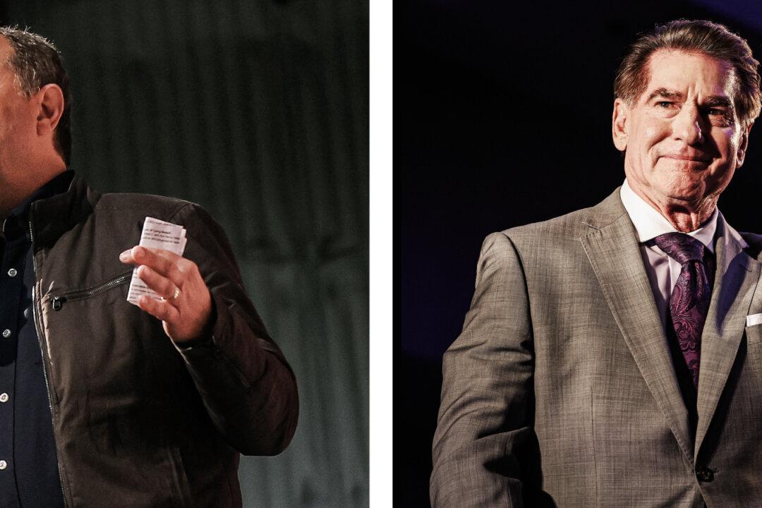 (Left) Democratic U.S. Senate candidate Rep. Adam Schiff (D-Calif.) speaks in Burbank, Calif., on March 4, 2024. (Right) Republican U.S. Senate candidate Steve Garvey acknowledges supporters in Palm Desert, Calif., on March 5, 2024. (Justin Sullivan, Mario Tama/Getty Images)