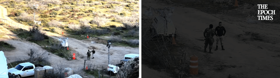 (Top) A video of the Mexican soldier walking from the U.S. side of the border back to the Mexican side, on Feb. 29, 2024. (Bottom) Footage of Mexican military members converse on the Mexican side of the border, on Feb. 29, 2024. (The Epoch Times)