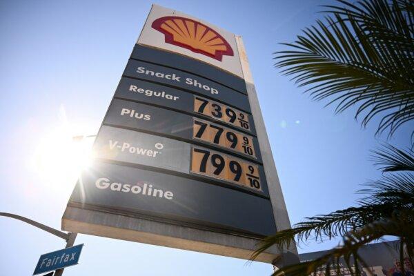 A sign shows gasoline fuel prices at a Shell gas station in Los Angeles on Oct. 5, 2023. (Patrick T. Fallon/AFP via Getty Images)