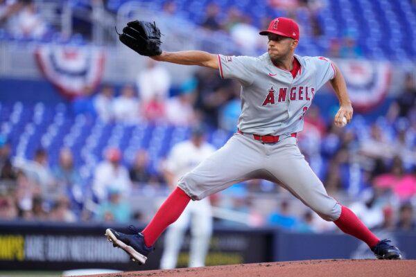 Tyler Anderson (31) of the Los Angeles Angels throws a pitch against the Miami Marlins during the first inning in Miami on April 2, 2024. (Rich Storry/Getty Images)