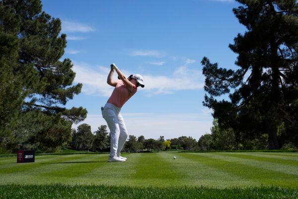 Leona Maguire hits off the second tee during the final round of the LPGA T-Mobile Match Play golf tournament in North Las Vegas, Nev., on April 7, 2024, (John Locher/AP Photo)