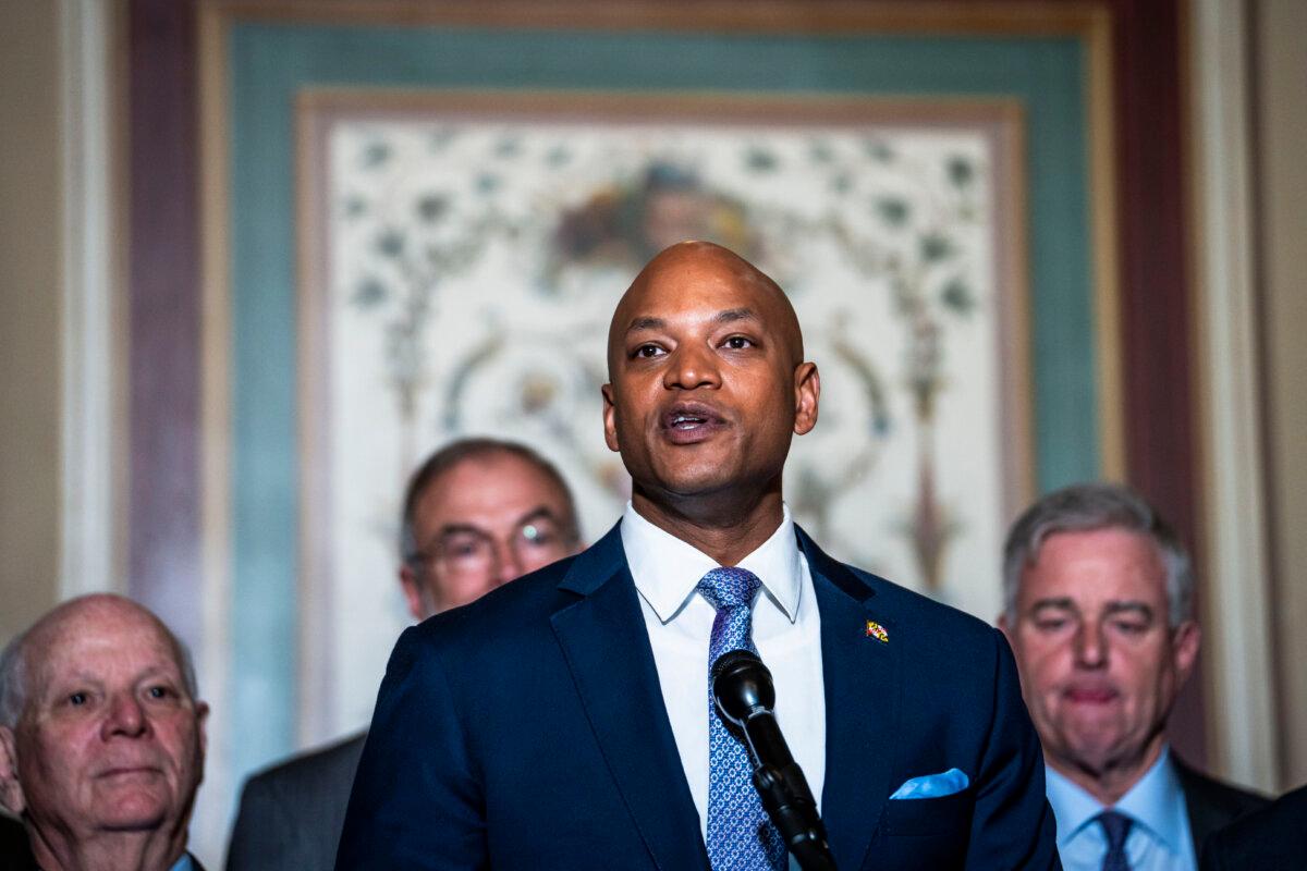 Maryland Gov. Wes Moore (C) and lawmakers speak during a press conference about rebuilding the Francis Scott Key Bridge at the U.S. Capitol on April 9, 2024. (Madalina Vasiliu/The Epoch Times)