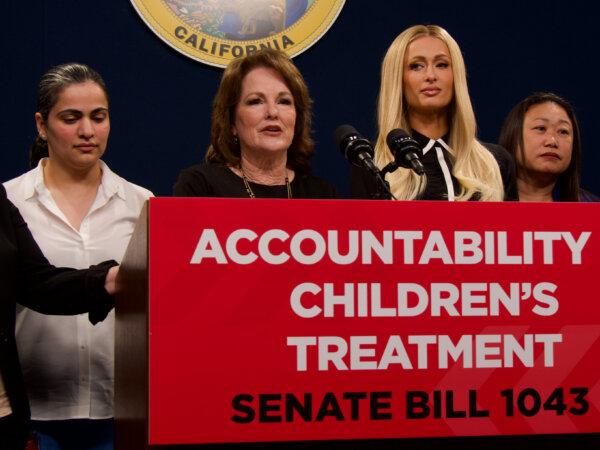 California state Sen. Shannon Grove (2nd L) speaks at a press conference for Senate Bill 1043 with Paris Hilton and fellow senators Aisha Wahab (L) and Janet Nguyen (R) on April 15 at the Capitol. (Travis Gillmore/The Epoch Times)