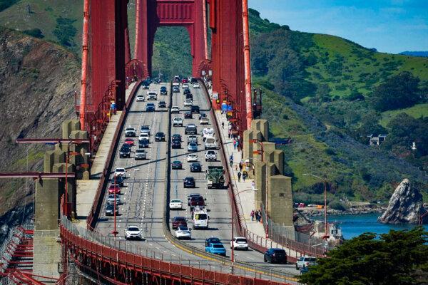 The Golden Gate Bridge is pictured after Pro-Palestinian demonstrators blocked it for hours in San Francisco, California on April 15, 2024. Pro-Palestinian demonstrators blocked San Francisco's Golden Gate Bridge on April 15, 2024, completely halting traffic for hours as part of a coordinated day of action against Israel's war in Gaza. (Paul Kuroda/AFP via Getty Images)