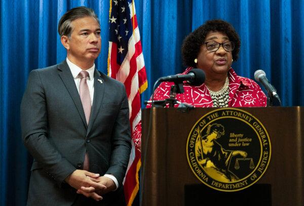 California's Secretary of State Shirley Weber and Attorney General Rob Bonta in Los Angeles on April 15, 2024. (John Fredricks/The Epoch Times)