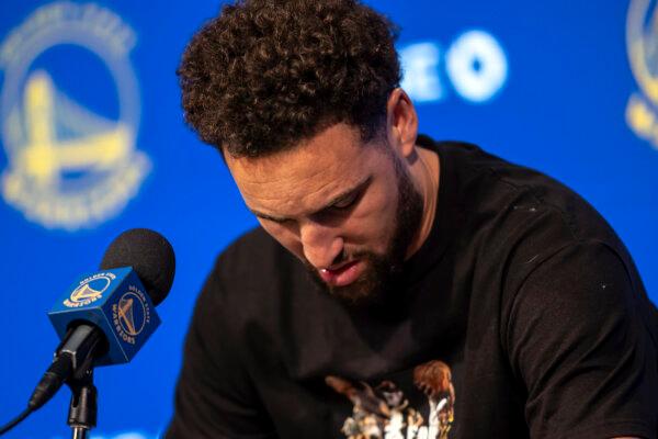 Klay Thompson of the Golden State Warriors pauses while speaking to reporters in San Francisco on April 17, 2024. (Carlos Avila Gonzalez/San Francisco Chronicle via AP)