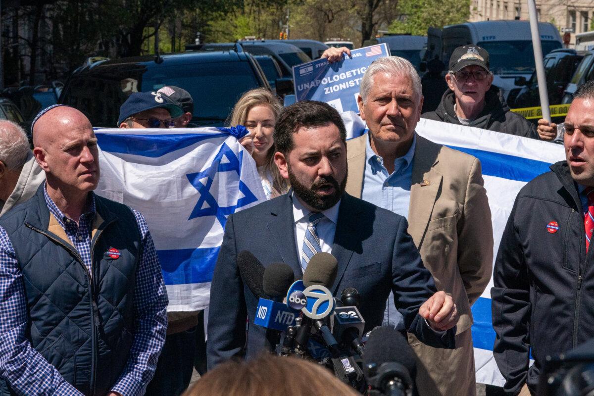 Rep. Mike Lawler (R-N.Y.) speaks during a press conference outside of Columbia University in New York City on April 22, 2024. (David Dee Delgado/Getty Images)
