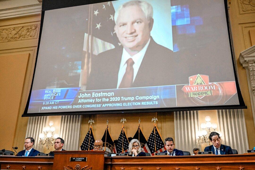 An image of John Eastman is projected as the U.S. House Select Committee to Investigate the January 6 Attack on the U.S. Capitol holds its third public hearing, on Capitol Hill in Washington, on June 16, 2022. (Mandel Ngan/AFP via Getty Images)