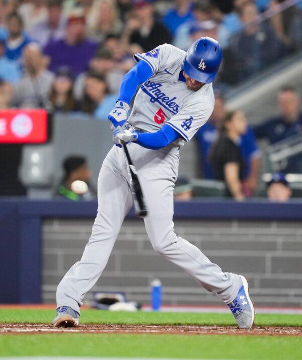 Freddie Freeman (5) of the Los Angeles Dodgers this home run against the Toronto Blue Jays during the sixth inning at their MLB game in Toronto on April 28, 2024. (Mark Blinch/Getty Images)