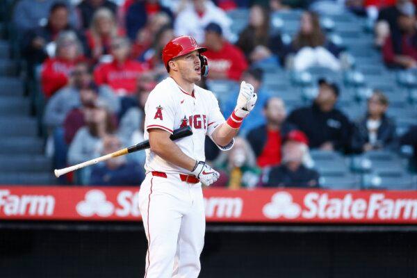 Angels star Mike Trout gets ready for an at-bat against the Baltimore Orioles in Anaheim, Calif., on April 23, 2024. (Ronald Martinez/Getty Images)