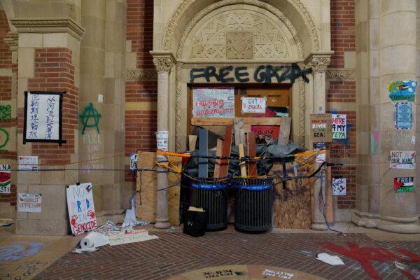 A barricaded door in a pro-Palestine encampment at UCLA in Los Angeles on May 1, 2024. (Eric Thayer/Getty Images)