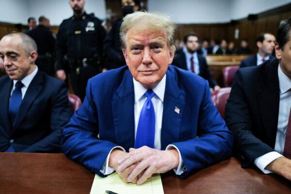 Former President Donald Trump attends his trial for allegedly covering up hush money payments at Manhattan Criminal Court in New York City on May 3, 2024. (Charly Triballeau-Pool/Getty Images)