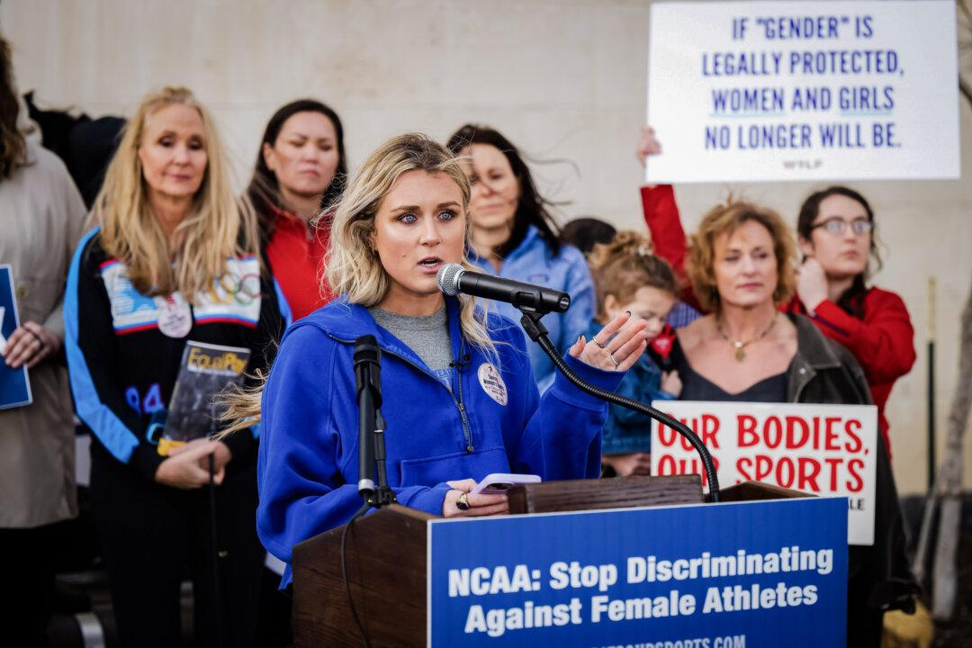 Former University of Kentucky swimmer Riley Gaines speaks at a rally outside of the NCAA Convention in San Antonio on Jan. 12, 2023. (Darren Abate/AP Photo)