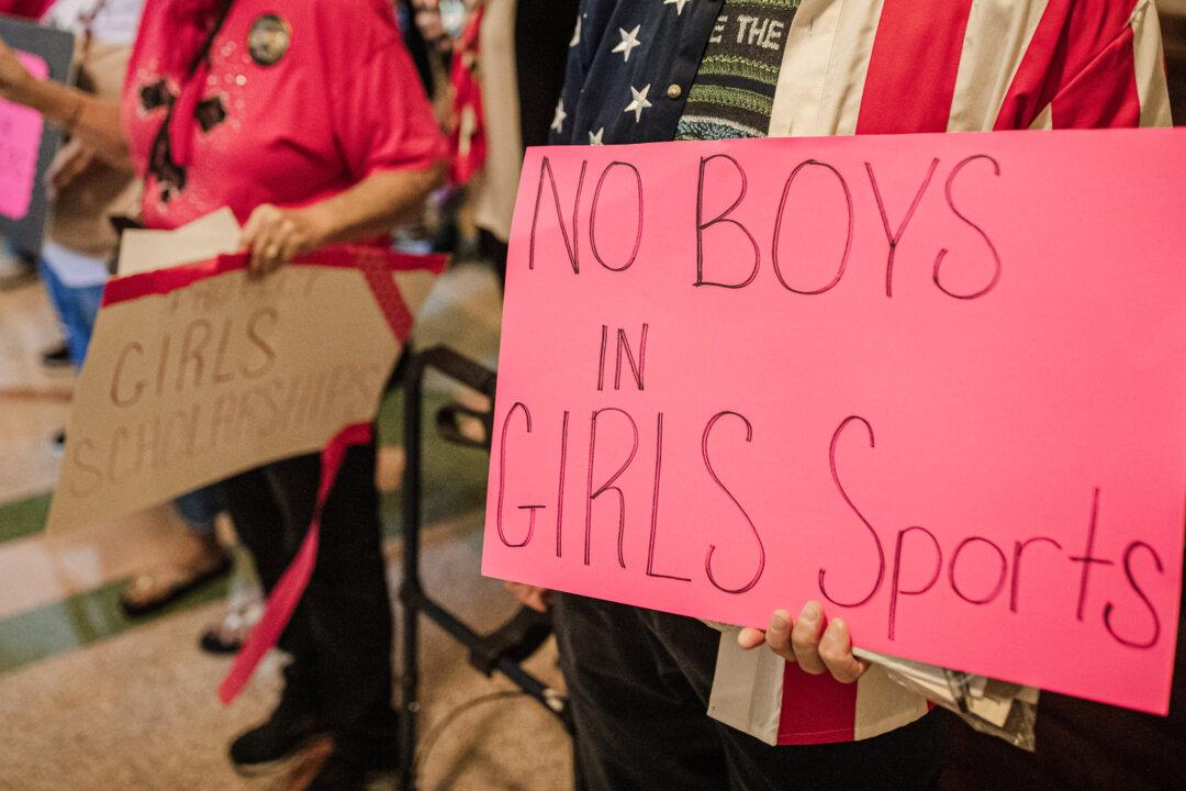 Demonstrators supporting female-only althetics and sports in schools gather at the Texas State Capitol in Austin on Sept. 20, 2021. (Tamir Kalifa/Getty Images)
