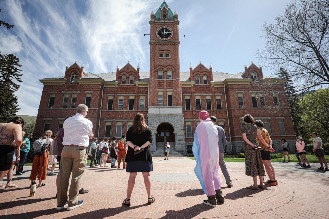 Transgender activists gather for a demonstration on the University of Montana campus in Missoula, Mont., on May 3, 2023. (Justin Sullivan/Getty Images)
