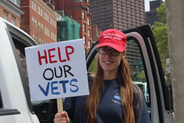 Gianna Alberini, a 30-year-old dental assistant, rallied in support of U.S. veterans at a protest against U.S. open border policies for illegal immigrants on May 4, 2024. (Alice Giordano/The Epoch Times)