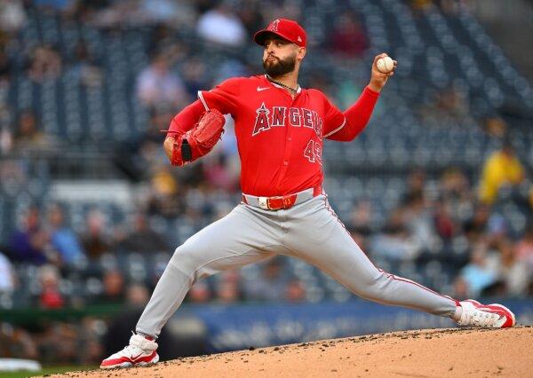 Patrick Sandoval (43) of the Los Angeles Angels pitches during the first inning against the Pittsburgh Pirates in Pittsburgh on May 7, 2024. (Joe Sargent/Getty Images)