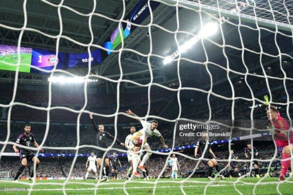 Joselu of Real Madrid scores his team's second goal past Manuel Neuer of Bayern Munich during the UEFA Champions League semi-final second leg match between Real Madrid and FC Bayern Munchen in Madrid on May 8, 2024. (Clive Brunskill/Getty Images)