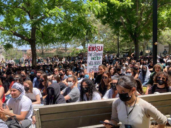 Pro-Palestinian protesters at UCSD on May 8, 2024. Dozens who were arrested Monday were placed on interim suspension. (Philip Zhu)
