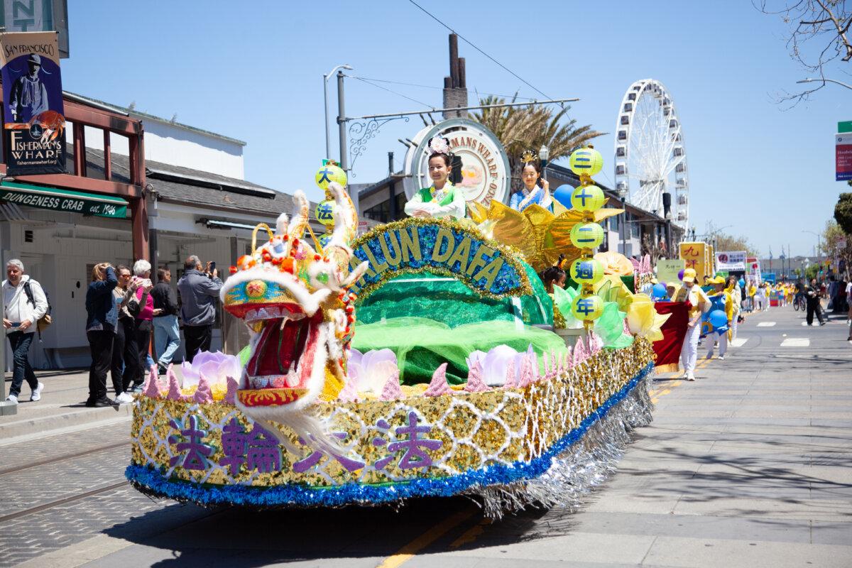 A float is part of the Falun Dafa procession of the parade in San Francisco on May 11, 2024. (Lear Zhou/The Epoch Times)