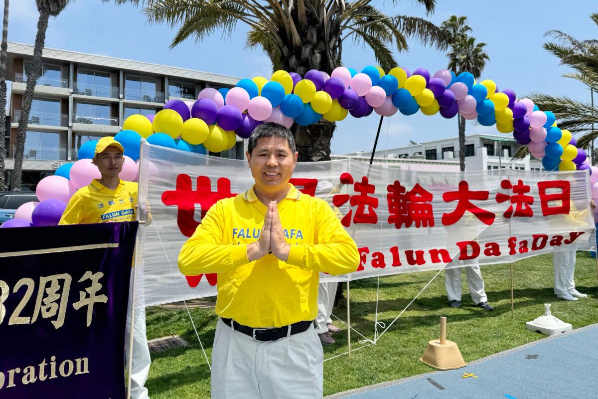 Qinghua Wang attends the 25th celebration of Falun Dafa Day in Santa Monica, Calif., on May 12, 2024. (Linda Jiang/The Epoch Times)