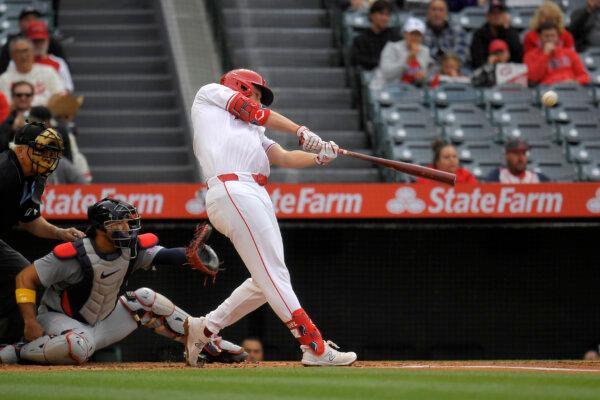 Nolan Schanuel of the Angels connects for a home run against the Cardinals in Anaheim, Calif., on May 15, 2024. (Mark J. Terrill/AP Photo)