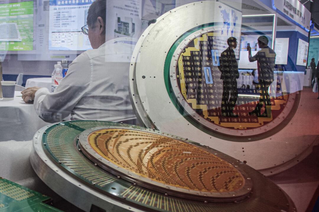 Maxone semiconductor products are displayed during an exhibition in Shanghai on March 22, 2024. (Rebecca Bailey/AFP via Getty Images)