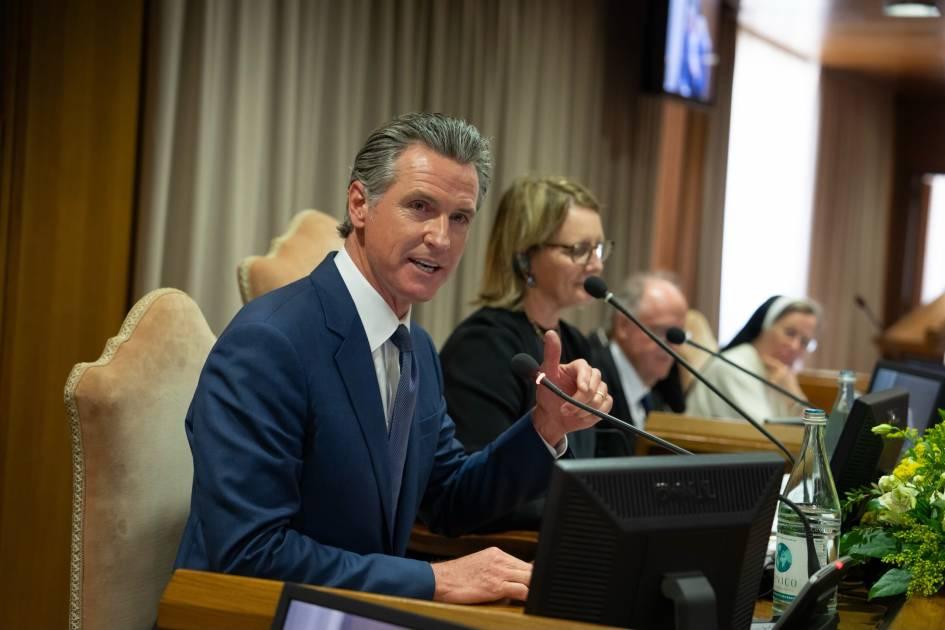 California Gov. Gavin Newsom speaks before other governors, mayors, and civic and faith leaders from around the globe at the Vatican Climate Summit on May 16, 2024. (Office of Governor Gavin Newsom)