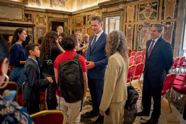 California Gov. Gavin Newsom meets with attendees of the Vatican Climate Summit on May 16, 2024. (Office of Governor Gavin Newsom)