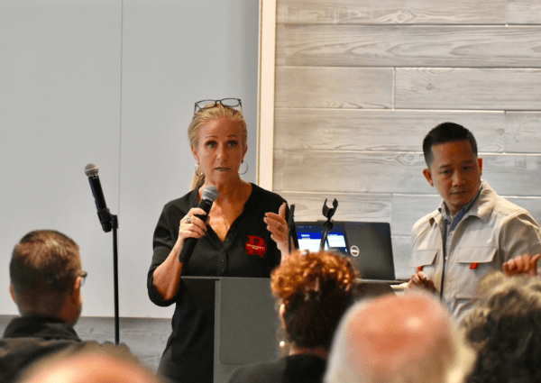 Robin Rush, founder of Recovery Road, speaks during a fentanyl town hall in Aliso Viejo, Calif., on May 16, 2024. (Rudy Blalock/The Epoch Times)