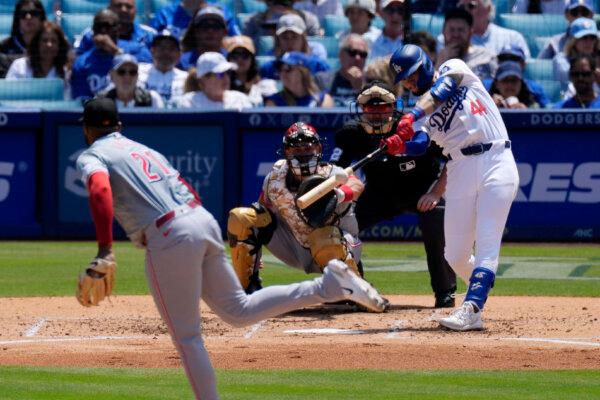 The Dodgers' Andy Pages connects for a home run off Reds pitcher Hunter Greene in Los Angeles on May 19, 2024. (Mark J. Terrill/AP Photo)