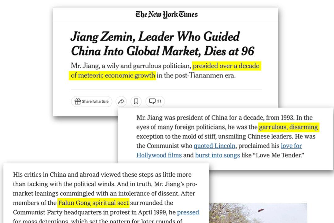 Upon Jiang's death in 2022, New York Times executive editor Joseph Kahn personally contributed to a syrupy obituary. (Screenshot via The Epoch Times, New York Times, Minghui)