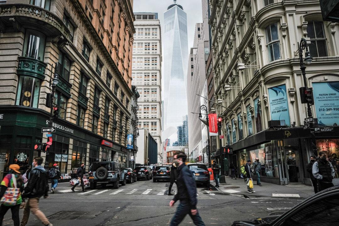 Buildings in lower Manhattan, New York City, on April 16, 2021. Since the introduction of lockdowns and the rise of work-at-home culture during the COVID-19 pandemic, many corporations have viewed office rents as a cost ripe for cutting. (Spencer Platt/Getty Images)