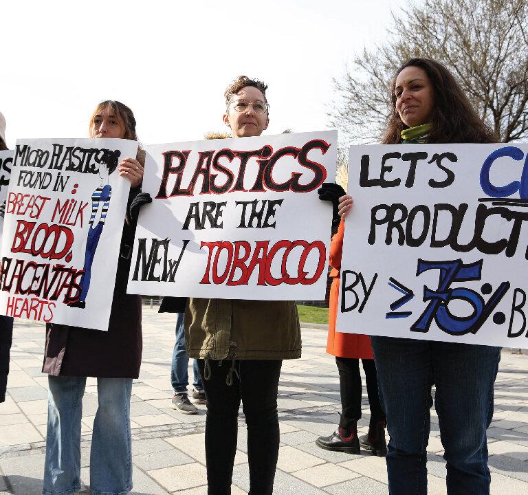 (Left) The secretariat of the Intergovernmental Negotiating Committee (INC) to Develop an International Legally Binding Instrument on Plastic Pollution consults on the dais during the closing plenary in Ottawa on April 30, 2024; (Center) Members of Greenpeace holds up placards during the discussions in Ottawa, Canada, on April 23, 2024.; (Right) Pro-plastic messaging was seen at hotels in Ottawa during the UN INC meetings. (IISD-ENB/Kiara Worth, DAVE CHAN/AFP via Getty Images)